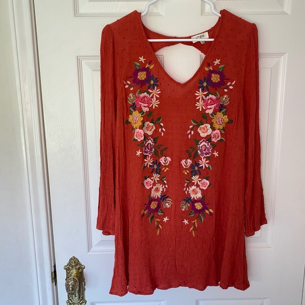 Umgee Embroidered Orange Dress Long Sleeve V Neck Cutout Back Boho Chic Size L - Picture 3 of 9